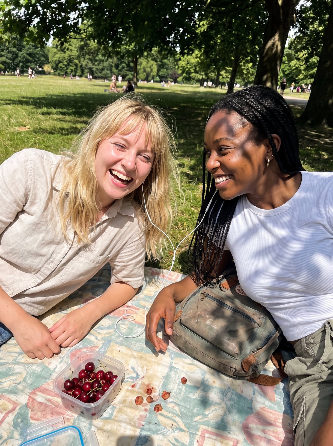 Two women laughing on a picnic blanket in a park
