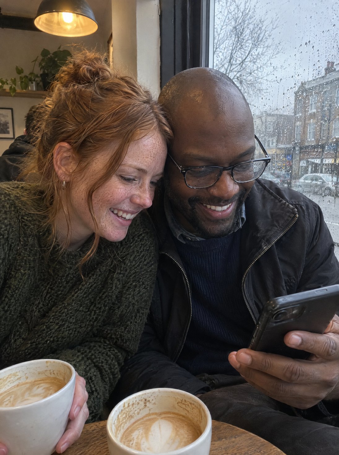 A couple in a cafe window seat looking at one phone